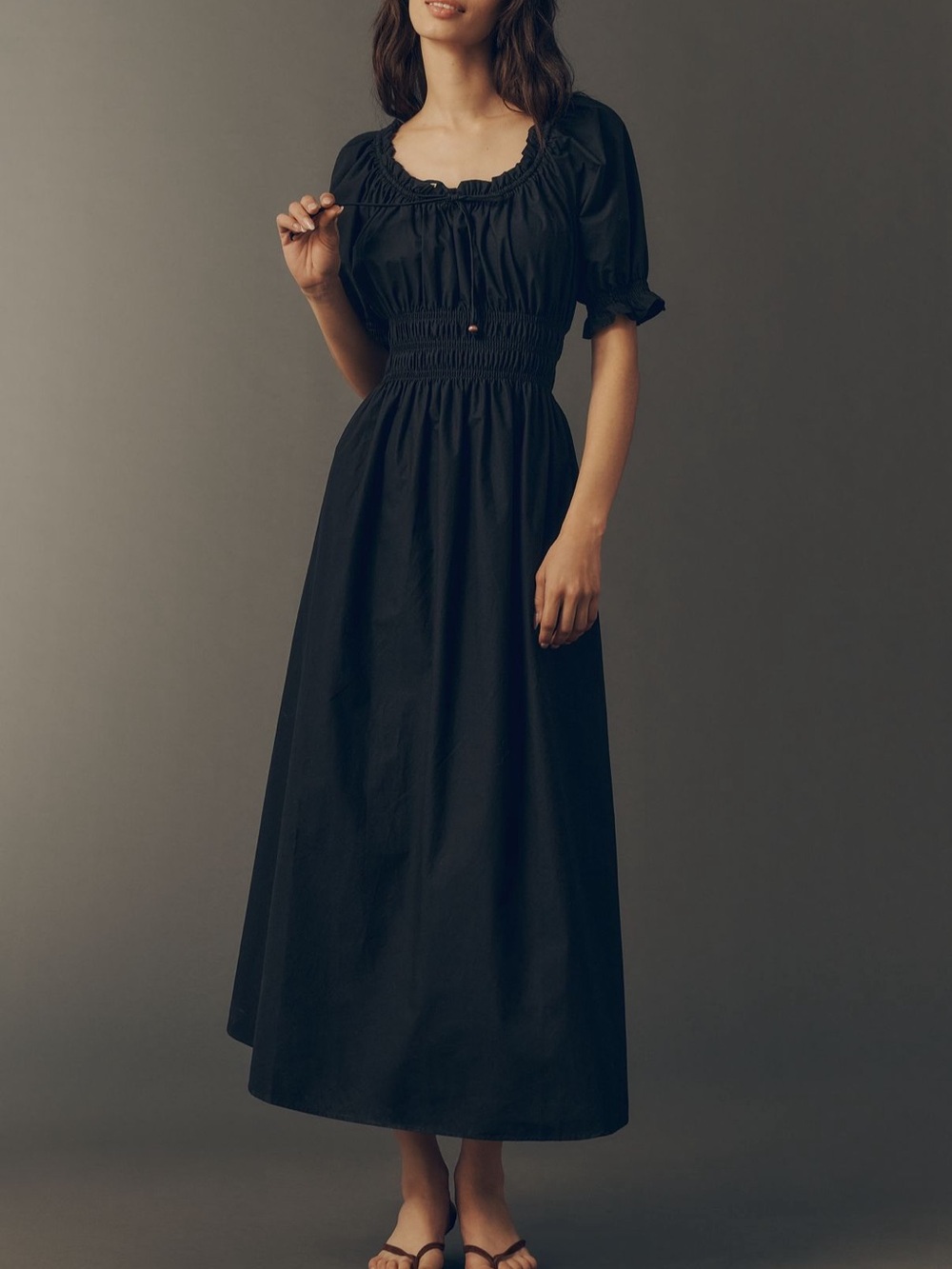 Anthropologie NWT Smocked-Waist Black Midi Dress with Puff Sleeves